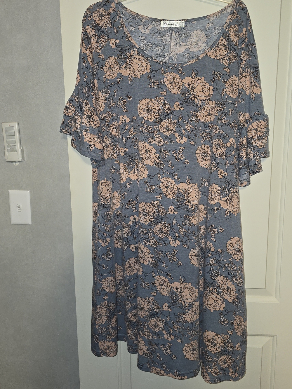 Dusty Blue Midi Dress with Blush Floral Print